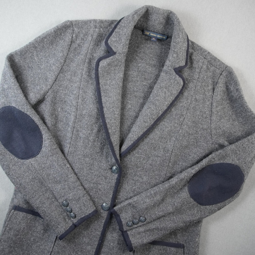 Brooks Brothers 346 Knit Wool Nylon Blazer Women XL Grey Elbow Patch Preppy